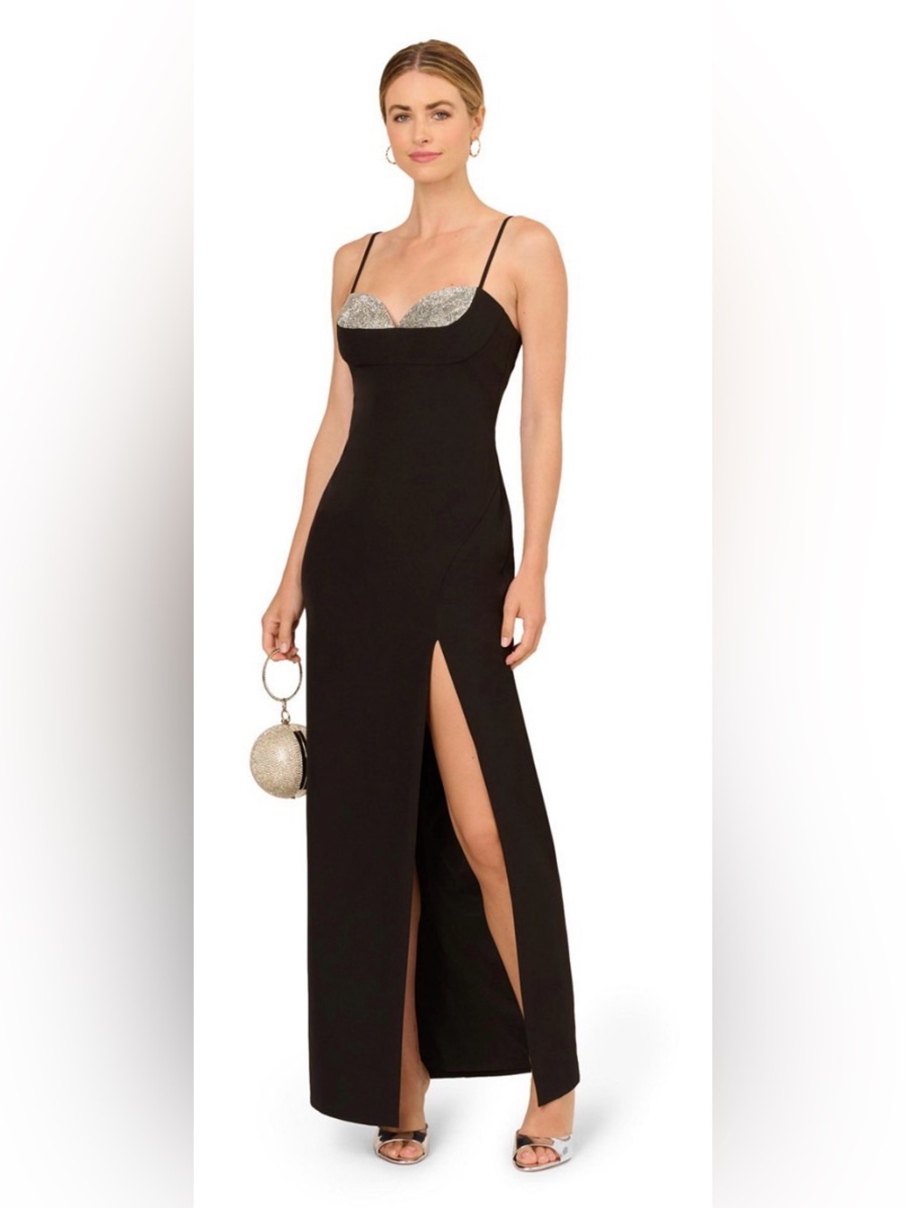 Adrianna Papell Long Crepe Sweetheart neck Black Gown Silver Bust. Size 2.  NWT.